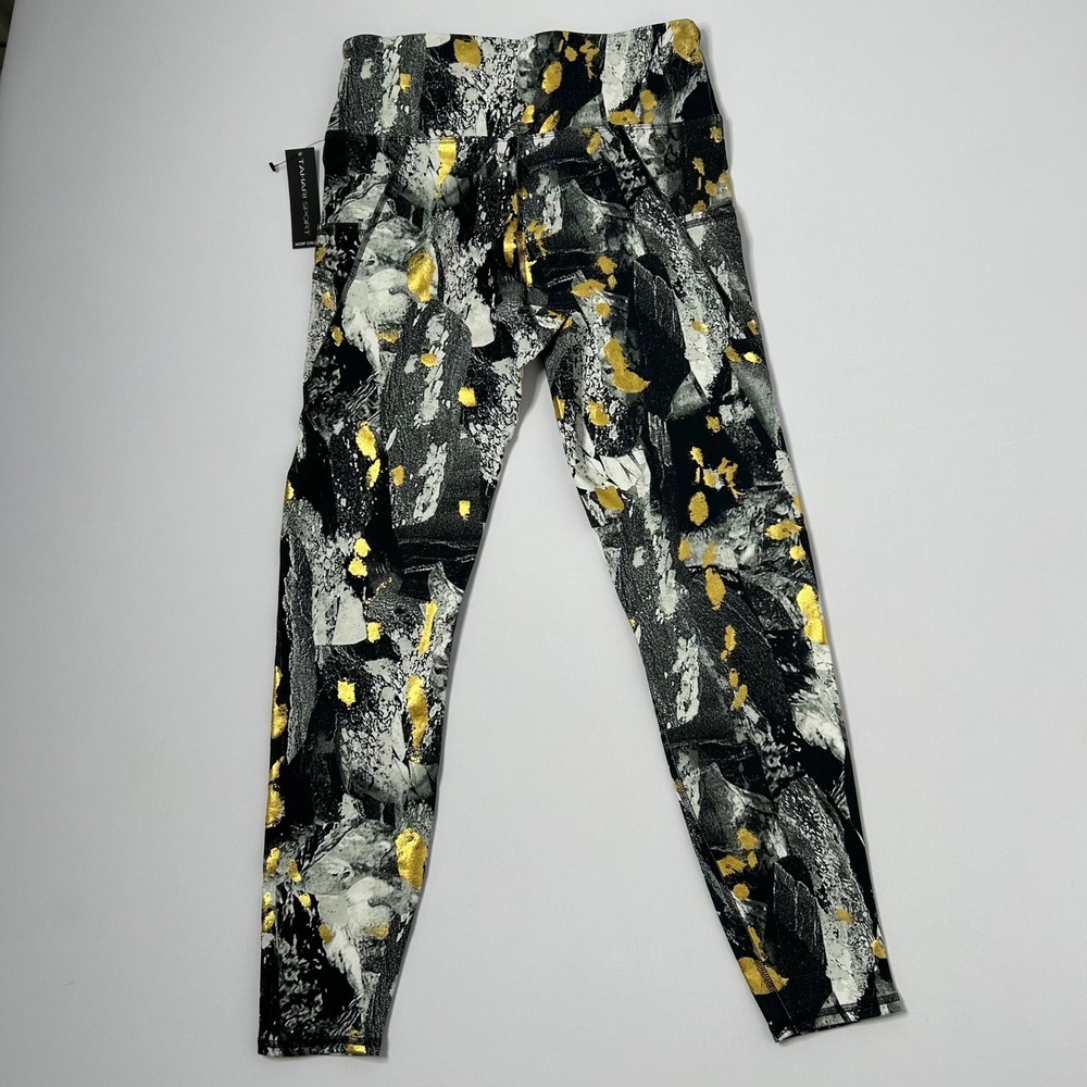 Tahari Sport Leggings Medium Black White Gold Abstract Athleisure Activewear